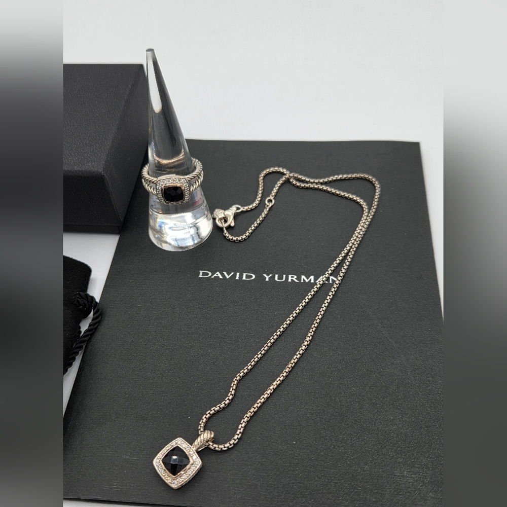David Yurman 7mm Petite Albion Black Onyx & Diamonds Necklace & Ring Set